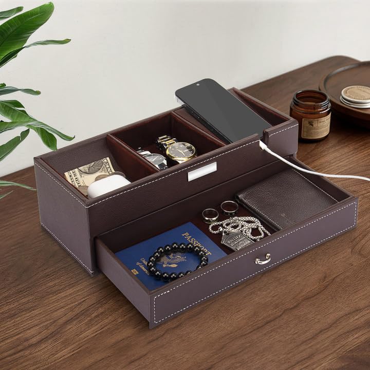 Baoyun Mens Valet Tray, Nightstand Organizers for Men, Leather Jewelry Storage Box Bedside Table Organizer EDC Catch All for Jewelry Key Wallet and Phone - color: Black