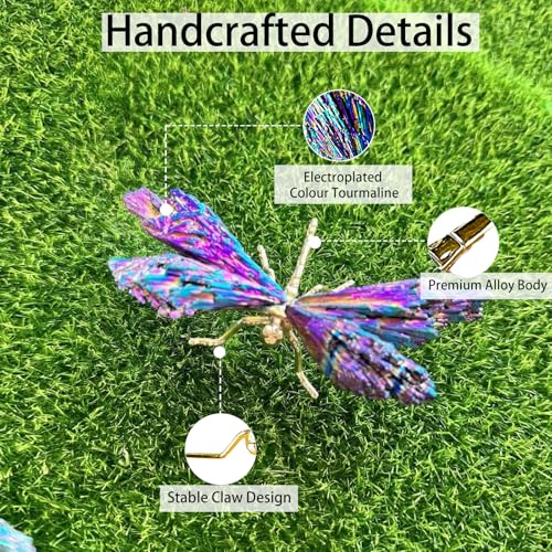 Natural Tourmaline Dragonfly Statue - Electroplated Gold Healing Crystal Decor, Small Colorful Figurine for Home, Office Desk for Women (Gold Colorful,Small Size) - color: Colorful Dragonfly-g, size: Small Size