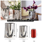 Ceramic Flower Vase, Crinkle Paper Shape, Silver Metal, Decorative Home Accent (Small) - size: Small