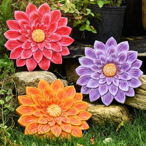Cinnvoice 3 Pack Garden Stepping Stone Outdoor, Decorative Dimensional Resin Stepping Stones for Patio Pathway Landscaping Walkway Sculpture Yard Backyard Lawn(Dahlia,10 Inches) - size: 10 Inches, style: Dahlia