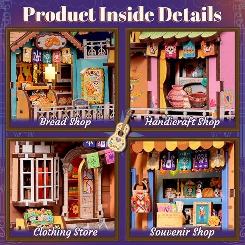 Fsolis Book Nook Kit Día De Muertos - 3D Wooden Puzzles for Adults DIY Miniature House Bookshelf Decor Decorative Bookends Gifts for Women Book Lovers (Plaza de Los Muertos) - style: Plaza de Los Muertos