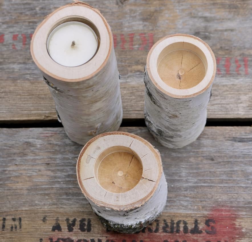 Rustic White Birch Wood Candle Holders Set – Natural Log Centerpiece Decor for Wedding, Holiday, or Everyday Use – Set of 3 Sizes (Tea Light Size Hole) - color: Tea Light Size Hole