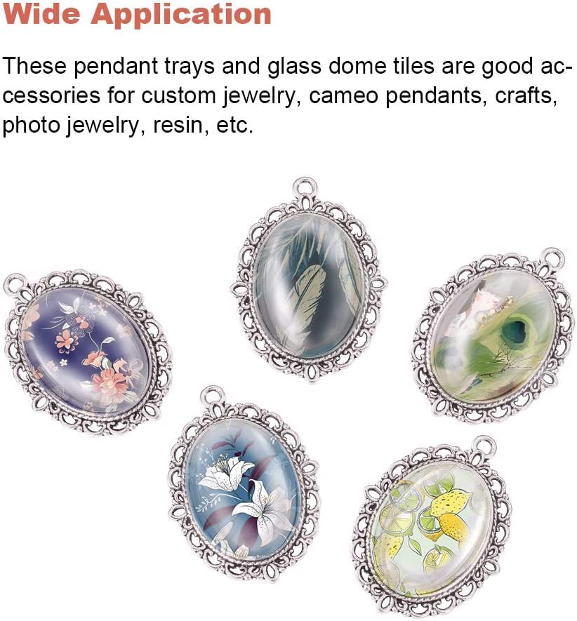 PH PandaHall 60pcs Bezel Pendant Blanks Settings - 30pcs Oval Pendant Trays Photo Charms with 30pcs Glass Cabochons for Wedding Brides Bridal Bouquet Charm Necklace Jewelry Making, 25x18mm (Pack of 2) - size: Tray: 25x18mm (Pack of 2)