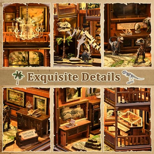 Dinosaur Museum Book Nook Kit - 3D Wooden Puzzle & DIY Miniature Dollhouse with LED Warm Light | Vintage Bookshelf Insert & Sturdy Bookends | Premium Creative Gift for Adults& Book Lovers - style: Dinosaur Museum