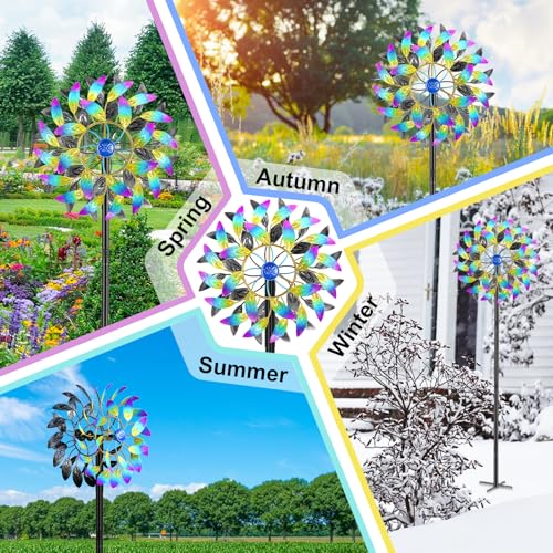 Metal Outdoor Wind Spinner, 2-Way Wind Sculpture Spinner with Metal Stake, Waterproof 360 Degrees Kinetic Windmill Art Decoration for Patio Garden Lawn (A- Colorful) - color: A- Colorful