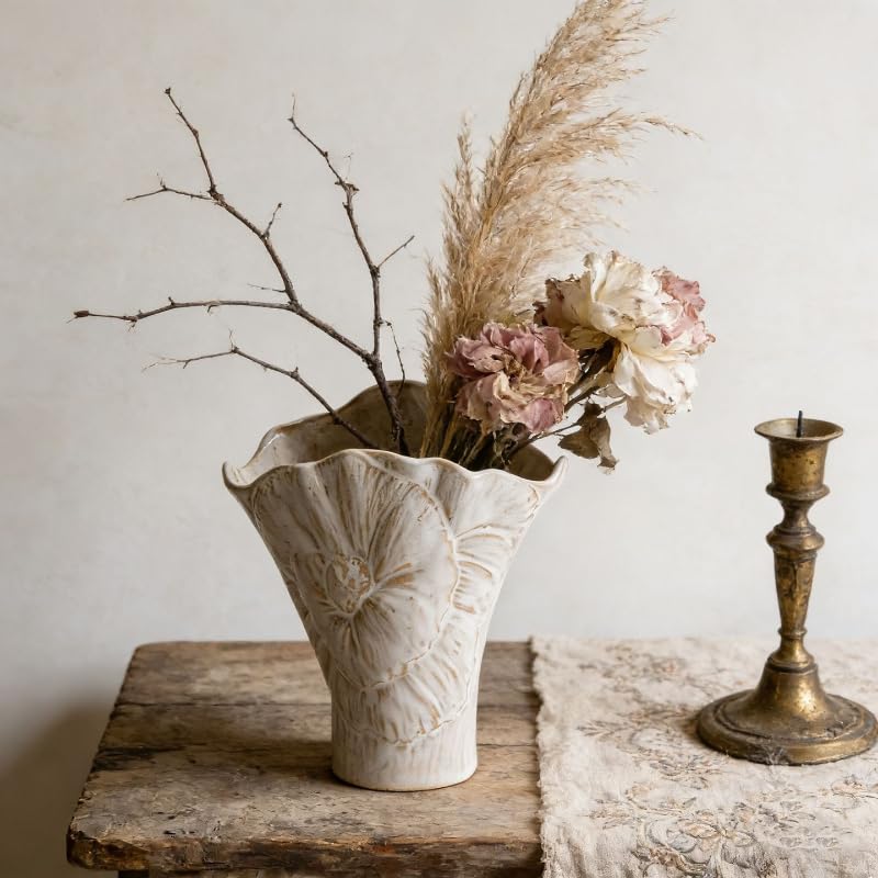 Handmade Vintage Ceramic Vase with Open Hand Drawn Beige Flower Pattern and Innovative Floral Design