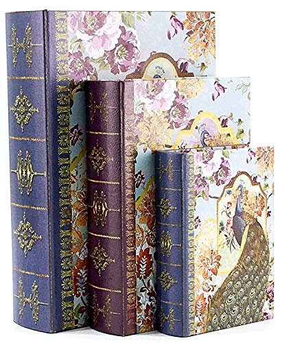 Bellaa Decorative Book Box Antiques Vintage Retro Invisible Secret Storage Faux Leather Wood Magnetic Set of 3 (Peacock) - style: Peacock
