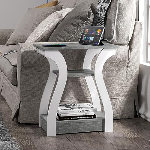 FROMJBEST End Tables Living Room, Grey End Table with Charging Station, Grey Side Table, Nightstand for Bedroom, 3 Tier End Table with Storage Shelf for Living Room - color: Grey