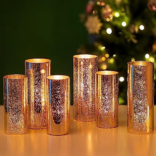 Glasseam Mercury Gold Candle Holders, Set of 6 Glass Hurricane Candle Holder, Glitter Pillar Candle Holder for Table, Modern Cylinder Vases for Centerpieces Wedding Dining Christmas Decorations