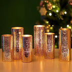 Glasseam Mercury Gold Candle Holders, Set of 6 Glass Hurricane Candle Holder, Glitter Pillar Candle Holder for Table, Modern Cylinder Vases for Centerpieces Wedding Dining Christmas Decorations