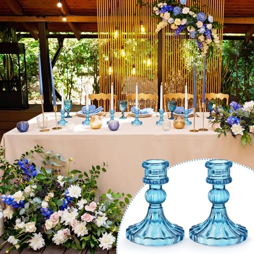 Maxcheck Set of 6 Candlestick Holders Taper Glass Candle Holder Decorative Candle Stand for Wedding Party Table Centerpiece Anniversary Festival Home Decor(Blue) - color: Blue