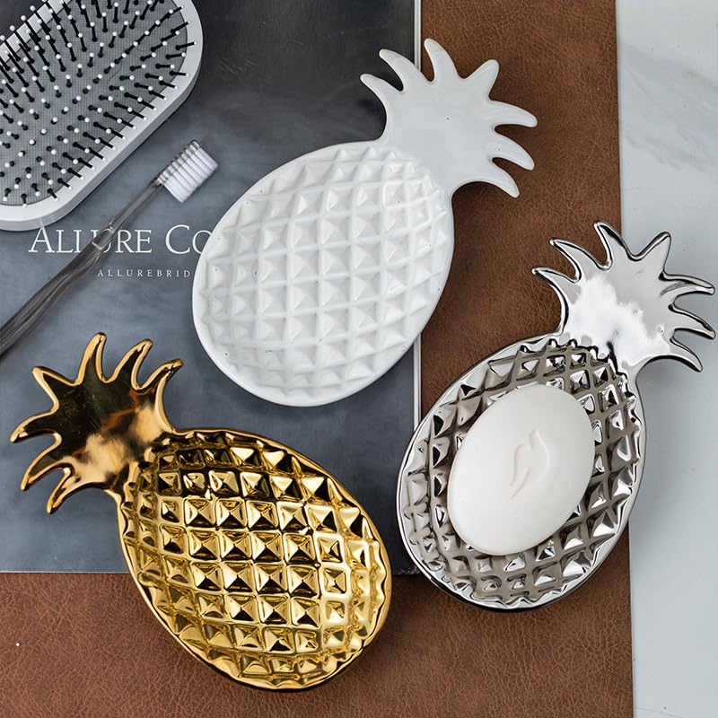 Chic Soap Dish, Pineapple Shape, Fluted Design, Decorative Ceramic Tray(White) - color: White