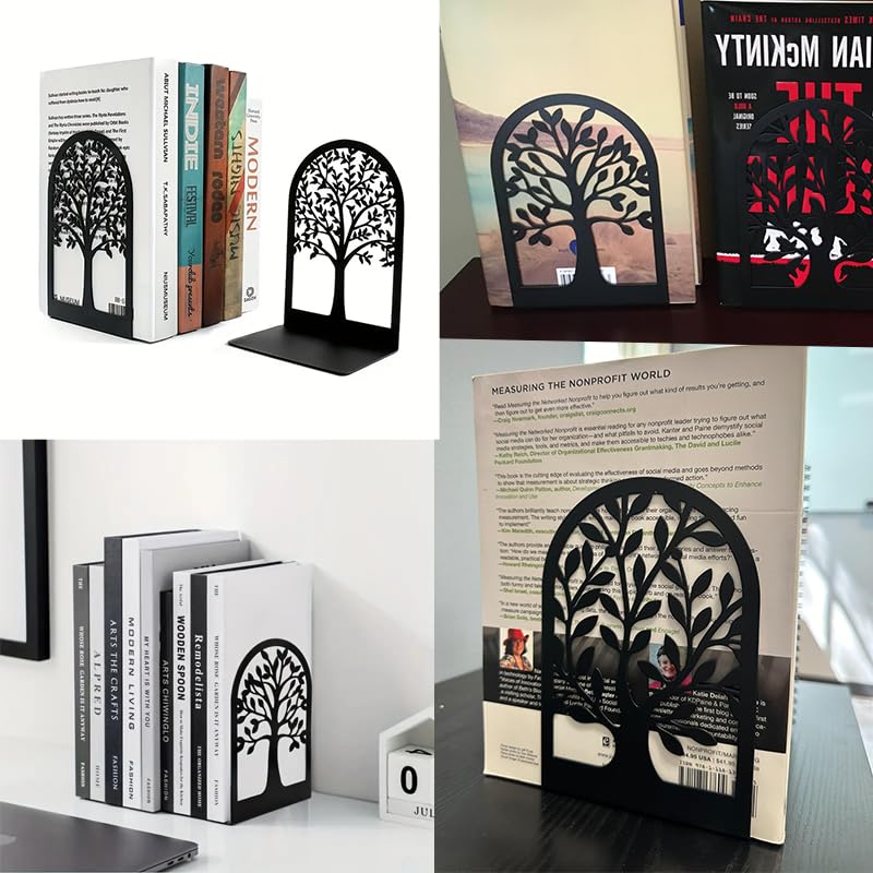 Black Book Ends, Metal Bookends for Shelves Decorative, Tree Stopper for Heavy Books,Ends to Hold Books for Home Office, The Shape of Life Trees（6.5" X 4.7 "X 3.5"） - size: tree of life