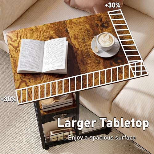 Rolling C-Shaped Side Table with Wheels and Oversized Wood Top, Mobile Overbed Stand with Drawer for Bed or Sofa, Metal Frame Couch Companion for Living Room, Bedroom, or Home Office (Large Desktop) - color: Black, size: X-Large (With Drawer & Wheels)