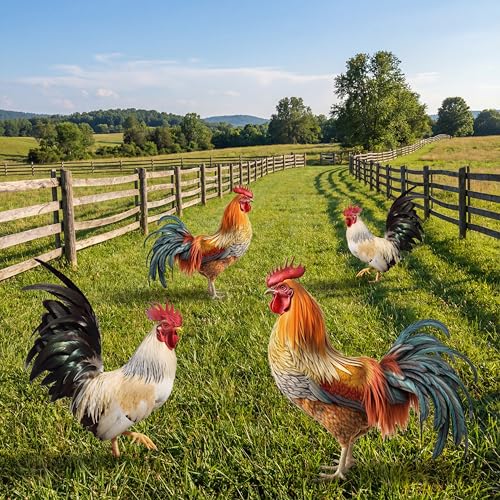 Riakrum 4 Pcs Metal Rooster Outdoor Garden Statues Decor Yard Chicken Decorations Metal Chicken Sculpture for Backyard Patio Kitchen Decor & Lawn Ornaments, 2 Size - style: Rooster