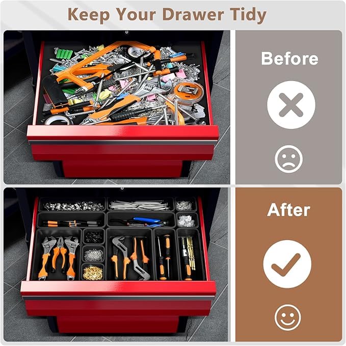 A-LuGei【X-Large Size【5 Pcs】 Tool Box Organizer Tray Divider【Single Size】 Black Plastic Desk Drawer Organizer Garage Organization for Wrench Plier Hammer Bit Socket Extension Screwdriver Bolt Hex key - size: 5pcs-XL Size