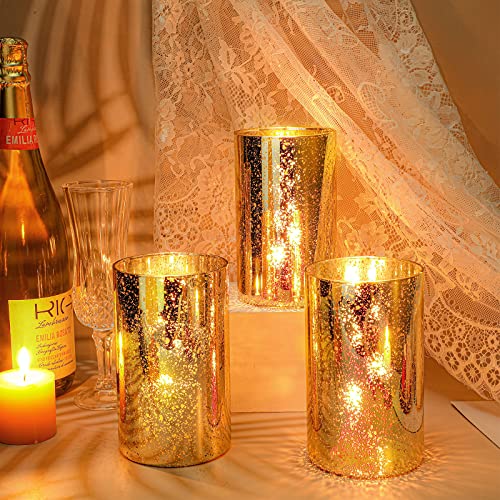 Sunnyray 12 Pcs Gold Cylinder Vases for Centerpieces, 6 Inch Speckled Flower Vase Wedding Decorations, Mercury Glass Votive Candle Holders, Decorative Gold Wedding Centerpieces for Tables