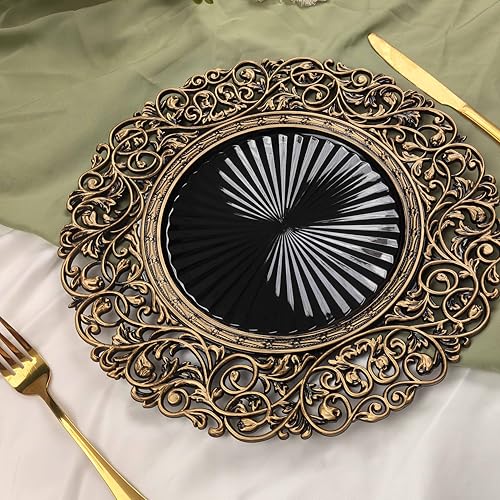 13inch Round Plastic Charger Plates,Set of 8,Charger Plates for Dinner,Wedding,Party,Event Decoration. (Black gold edge) … - color: Black gold edge