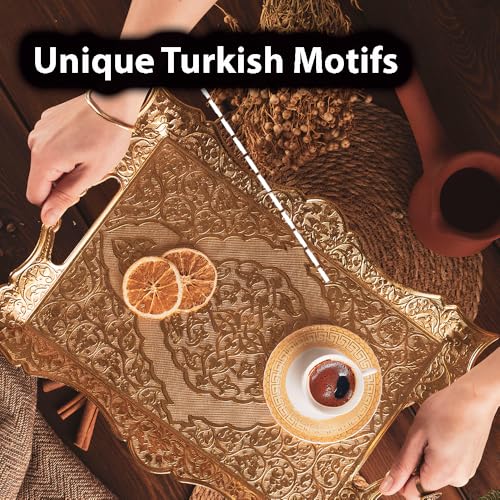 Large Gold Turkish Tea Coffee Serving Table Tray Decorative Home Decor Handles - Party Bar Outdoor Dresser Dessert Fancy Metal Rectangle Kitchen Brass Moroccan Bathroom Vanity Gift Tray