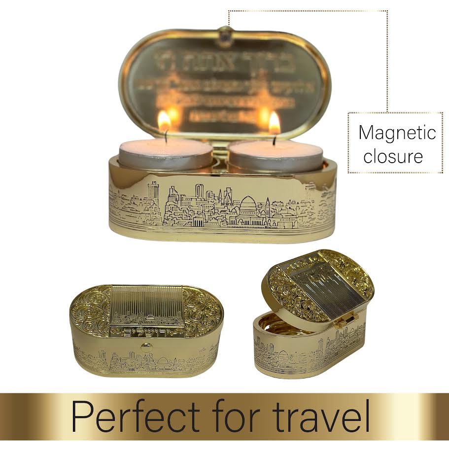 Beautiful Sabbat Travel Candle Holders for Jewish Shabbat or Holidays,A Wonderful Gift. with Astonish Gold Jerusalem Design - color: Gold Jerusalem