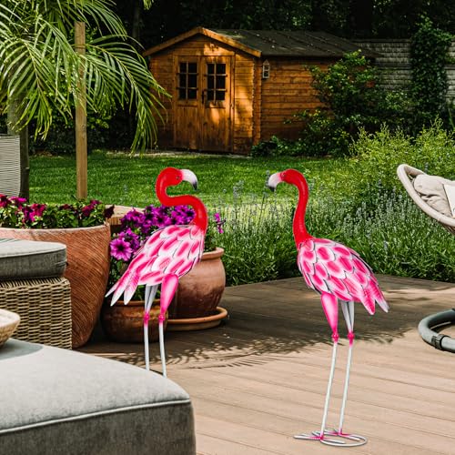 Set of 2 Metal Flamingo Garden Statues, Yard Flamingo Outdoor Decor for Lawn Patio Garden Backyard Display (Pink) - color: Pink