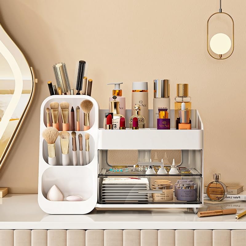 Booklov Makeup Organizer for Vanity, Large Capacity Cosmetic Display Case with Clear Acrylic Drawer, Countertop Beauty Storage Holder for Skincare, Brush Eyeshadow Lipstick Counter Desk, Crystal White - color: Crystal White, size: L01
