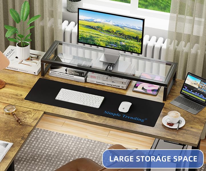 Simple Trending Dual Monitor Stand Riser, Tempered Glass Computer Desk Organizer with Mouse Pad for Laptop, iMac, TV, Black - color: Black, size: 32”W x 10”D x 5.5”H