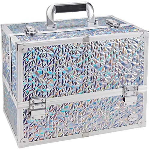Joligrace Makeup Train Case Large 6 Tray Professional Organizer Box - Cosmetic Make Up Carrier with Lock & Key Carrying Strap for Studio Artist & Stylist Silver - Holographic Iridescent Style - color: Holographic