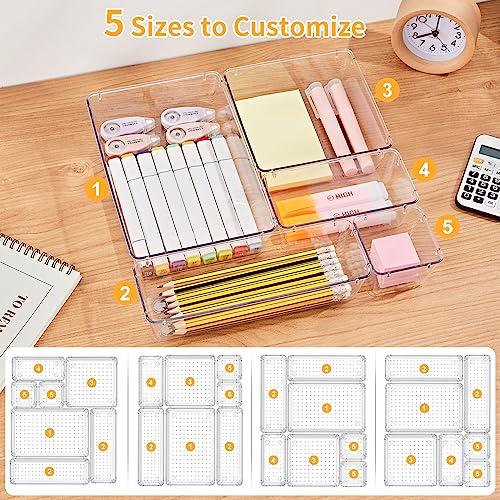 SMARTAKE 22-Piece Drawer Organizer with Non-Slip Silicone Pads, 5-Size Clear Desk Drawer Organizer Trays Storage Tray for Makeup, Jewelries, Utensils in Bedroom Dresser, Office and Kitchen, Clear - size: 22 PCS