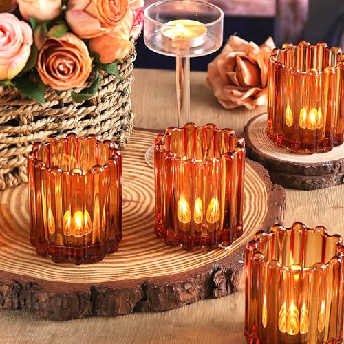 HAVITI Glass Amber Votive Candle Holder, Ribbed Votive Candle Holders Set of 12, Tealight Candle Holder for Wedding Centerpieces Dinner Party Table Decor - color: Amber