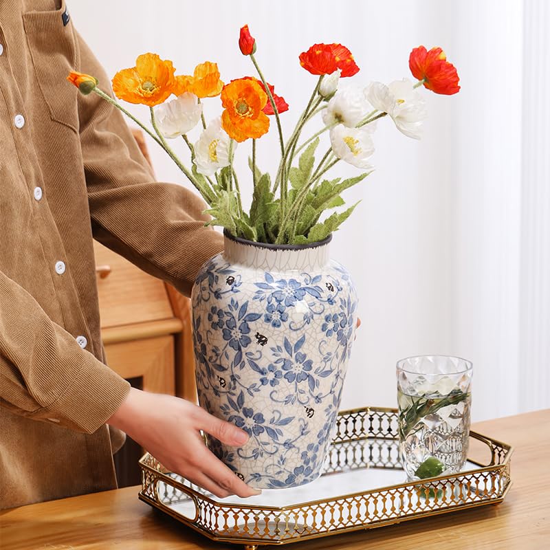 Denique Vintage Blue and White Porcelain Vase Ceramic Vase for Home Decor, Retro Crack Blue Flower Vase Pottery Vase Chinoiserie Decor Rustic (6.3x9.8inch) - size: 6.3x9.8inch