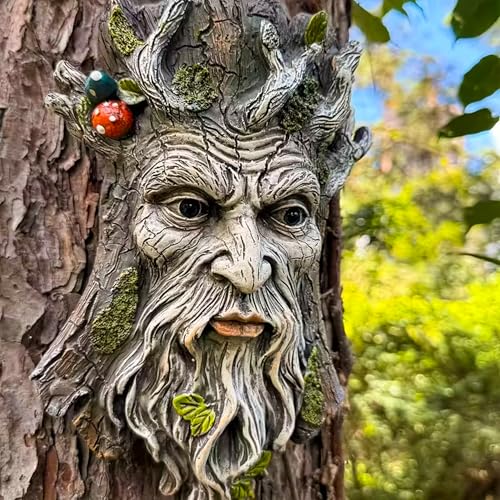 Teaeeno Whimsical Tree Face Garden Decoration, 11.8 in Tree Faces Decor Outdoor Wallmounted Statue Art with Leaf Features, Outdoor Decor Garden Accessory (Outdoors and Nature) - color: White
