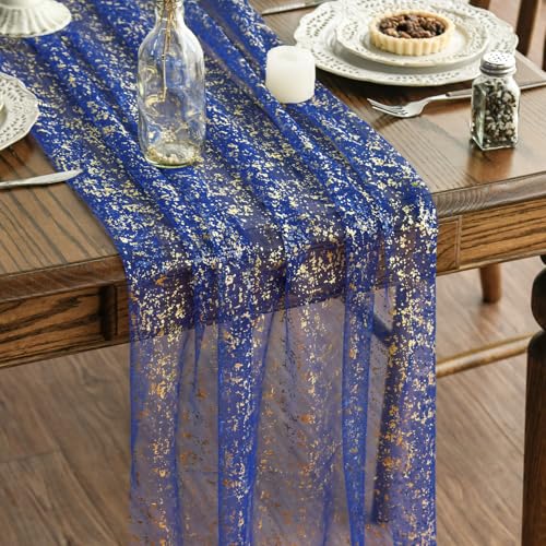 Artoid Mode 3PCS Blue Gold Gauze Table Runner 120 Inch 10FT, Glitter Metallic Foil Sheer Dining Wedding Anniversary Holiday Table Decor for Home Party - color: Blue, size: 28" x 120", 3pc