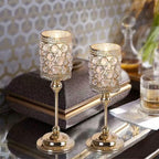 ZENATION-Luxury Crystal Candle Holder – Metal Decorative Candle Stand, Elegant Crystal Beaded Design for Home Décor, Weddings, and Table Centerpieces (Gold, Small) - size: Small