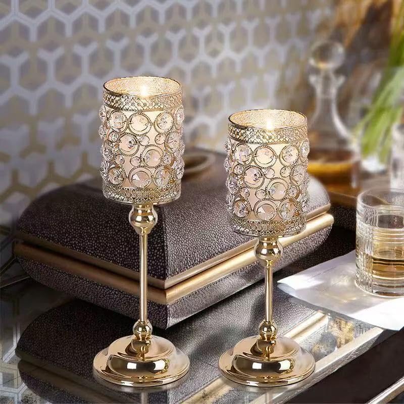 ZENATION-Luxury Crystal Candle Holder – Metal Decorative Candle Stand, Elegant Crystal Beaded Design for Home Décor, Weddings, and Table Centerpieces (Gold, Small) - size: Small
