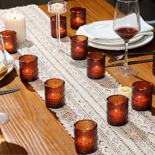 30 Pcs Amber Votive Candle Holders, Amber Glass Candle Holder with Polka Dot Embossed, Vintage Votive Candle Holders for Boho Weddings, Home Decor, Baby Shower, Special Occasions - color: Amber