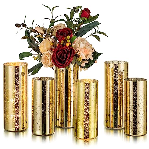 Glasseam Mercury Gold Candle Holders, Set of 6 Glass Hurricane Candle Holder, Glitter Pillar Candle Holder for Table, Modern Cylinder Vases for Centerpieces Wedding Dining Christmas Decorations