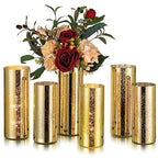 Glasseam Mercury Gold Candle Holders, Set of 6 Glass Hurricane Candle Holder, Glitter Pillar Candle Holder for Table, Modern Cylinder Vases for Centerpieces Wedding Dining Christmas Decorations