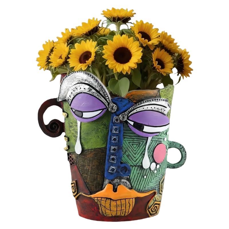 Picasso Abstract Face Flower Pot,Unique Resin Crafted Planter with Drainage Holes,Interesting Colorful Planter with Human face,for Indoor and Outdoor Botanical Home décor (Tears) - style: Tears
