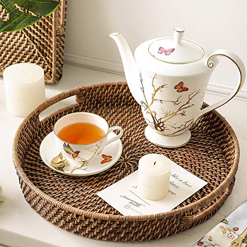Round Rattan Woven Serving Tray with Handles Ottoman Tray for Breakfast, Drinks, Snack for Coffee Table, Home Decorative (11"x1.6", Honey Brown) - size: 11"