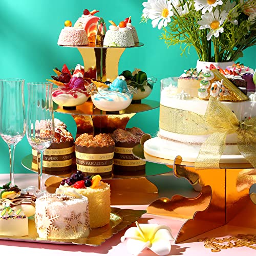 Zopeal 7 Pcs Dessert Table Display Set 3-Tier Cupcake Stand 1-Tier Cup Cake Display Tower Platters and Serving Trays Cardboard Cake Cookie Holders for Wedding Birthday Party Baby Shower(Gold) - color: Gold
