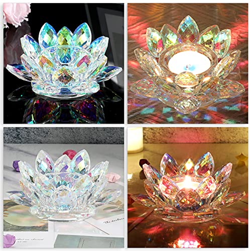 OwnMy Crystal Lotus Flower Tea Light Holder Lotus Petals Votive Candle Holder Candle Lamp, Crystal Flower Tealight Candle Stand for Wedding Table Centerpieces Home Decors (AB Color) - color: Ab Color