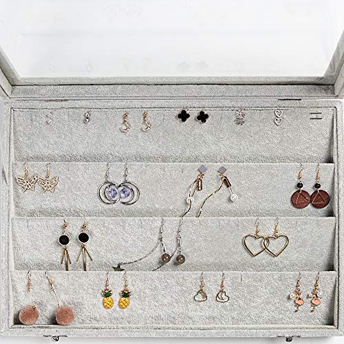 Frebeauty Earring Organizer Tray with Clear Lid 64 Slots Velvet Drawer Insert Earring Storage box with Transparent Glass lid Jewelry Display Case with lock Gifts for Girls Women (Grey, Earrings) - color: Grey, size: 64 Slots