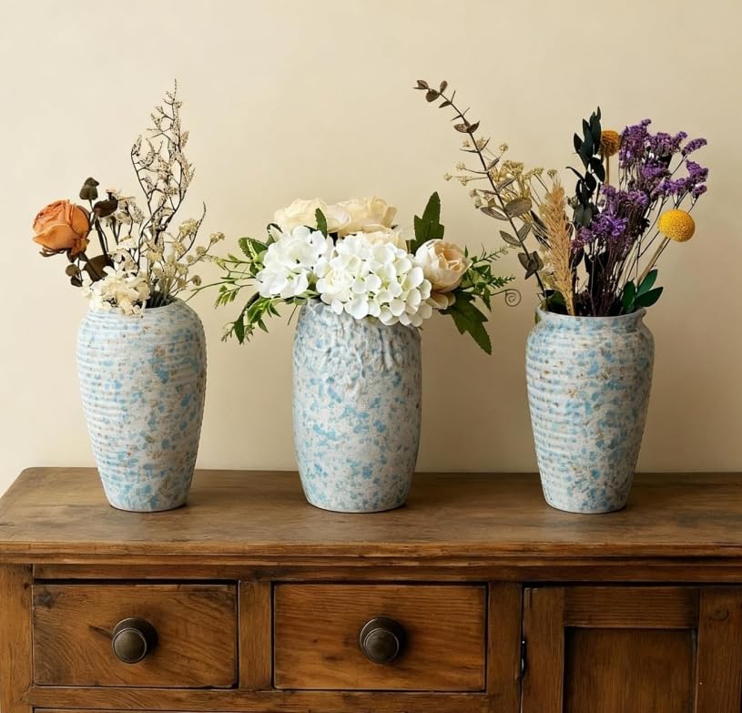 BEAHOT Ceramic Vases Set of 3 – 6.7-inch Handmade Blue & White Pottery Trio with Speckled Glaze – Decorative Flower Vases Home Decor for Table Mantel Entryway Shelf Living Room Kitchen Bathroom - size: Blue White 3 set