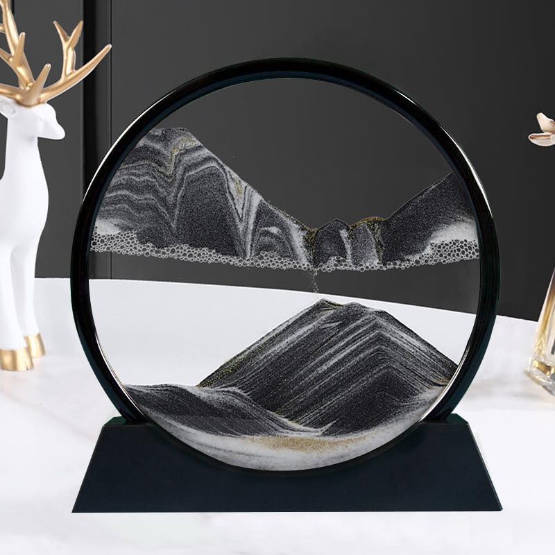 AzureLeap Moving Sand Art Liquid Motion, 3D Deep Sea Sandscape Color Quicksand Decor, Round Glass Moving Sand Art Picture Relaxing Desktop Home Office Work Decor (12 inch-Black) - color: BLACK, size: 12 inch