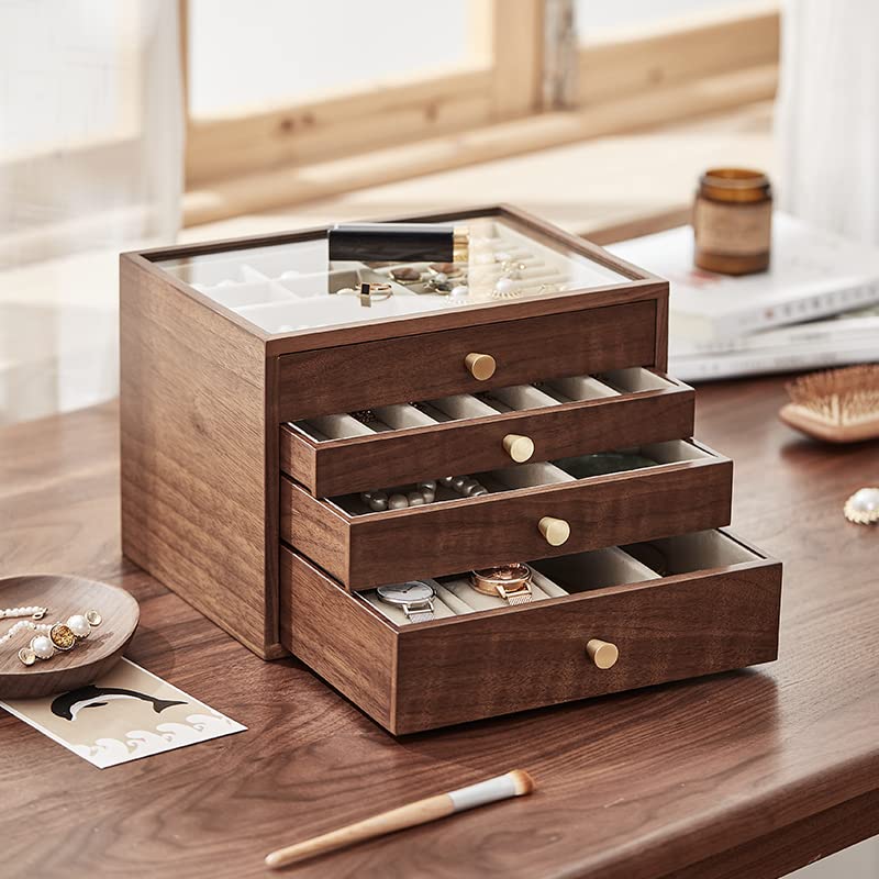 CHOSIN Black Walnut Jewelry Box for Women, 4-Layer Wooden Organizer with Glass Lid, for Watches, Necklaces, Rings & Earrings Storage Christmas Gifts - style: 4 Layer A