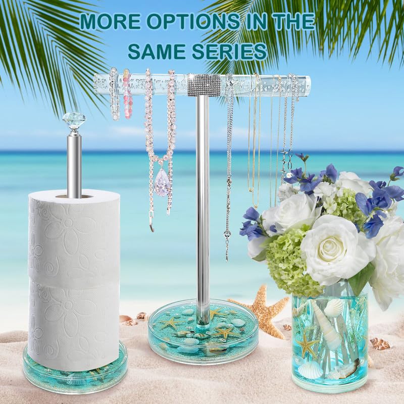 FONMY Jewelry Stand Holder Organizer Acrylic w/Nature Seashell Handmade,Seascape Countertop Jewelry Holder,Gift for Women,Jewlery Tower for Necklace, Earring, Bracelet (Blue)