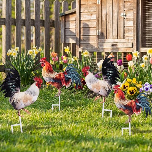 Riakrum 4 Pcs Metal Rooster Outdoor Garden Statues Decor Yard Chicken Decorations Metal Chicken Sculpture for Backyard Patio Kitchen Decor & Lawn Ornaments, 2 Size - style: Rooster