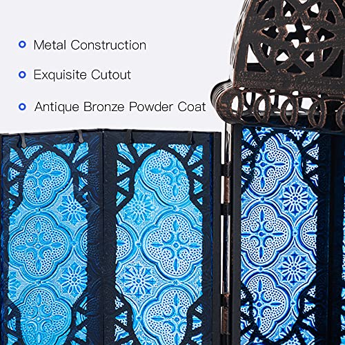 Vintage Candle Lantern, 12.8’’ Moroccan Style Decorative Metal Hanging&Tabletop Lantern, Ramadan Christmas Candle Holder Decorations for Home Outdoor Patio (Blue) - color: Blue - 12.8''h, size: Large