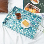CLAYNIX Serving Tray 15.7" X11.8", Lacquer Mother of Pearl Inlay Mosaic Tray, Rectangle Wooden Marble Tray with Handles Trays for Tea, Breakfast in Bed, Table (Flower Style) - color: Flower Style